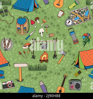 Seamless camping background vector pattern with tents  a campfire  radio  mushrooms  backpack  binoculars  map and guitar scattered on a green grass b Stock Vector