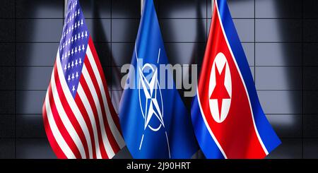 North Korea, NATO and USA flags - 3D illustration Stock Photo