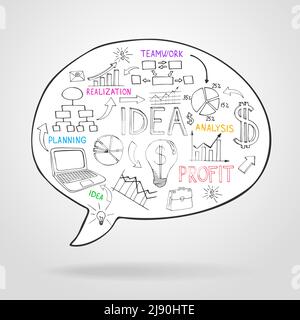 Business strategy and planning in a speech bubble with icons depicting flow charts  analysis  light bulb  ideas  teamwork and profit  vector illustrat Stock Vector