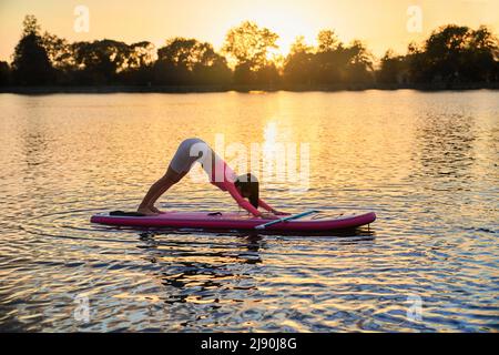 Strong young woman with slender body doing yoga exercises while swimming on sup board at city lake. Concept of people, balance and active lifestyles. Stock Photo