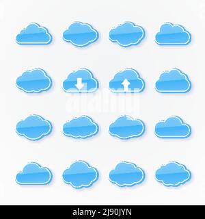Set of sixteen blue cloud icons of different shapes depicting the weather with two having arrows showing upward and downward transmission of data in c Stock Vector