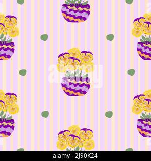 Yellow and violet pansies, striped seamless pattern Stock Vector