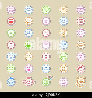 Large collection of round smiley icons or emoticons showing a wide variety of different expressions in thirty-five different vector designs Stock Vector