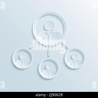 Business management structure infographics with manager or team leader in top circle linked to three employees or office workers flat paper style Stock Vector