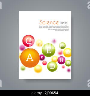 Science or medical brochure cover template with vitamins. Report science chemistry, vitamin science biology or biochemistry illustration Stock Vector