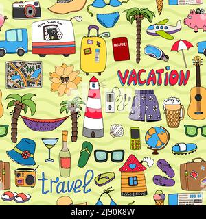 Seamless vector background tropical vacation and travel pattern with colorful icons depicting swimsuits lighthouse  hammock  palms  sunglasses  carava Stock Vector