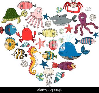 fish and marine animals in shape of heart, vector eps10 illustration Stock Vector