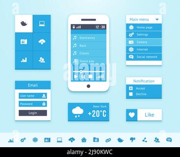 Operating system interface elements in blue color. Phone elements and icons Stock Vector