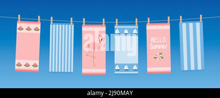 happy summer holiday banner with colorful hanging towels Stock Vector