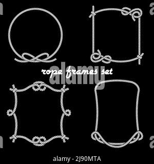Set of Simple White Rope Frames Graphic Designs in Different Unique Styles on Black Background. Stock Vector