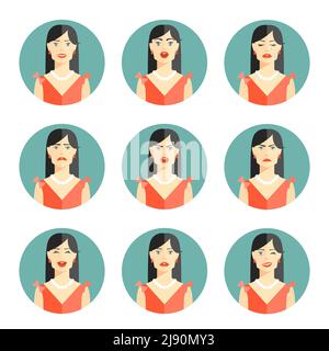 Set of nine different women emotions depicting happiness  joy  sadness  worry  anger  frustration  disbelief and confusion in head and shoulder pose i Stock Vector