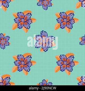 Tropical garden flower seamless vector pattern background. Neon orange indigo blue painterly design on grid graph texture backdrop. Hand drawn bright Stock Vector