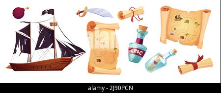 Pirates set icons in cartoon style. Flag with white skull and crossing bones. Waving black flag. Ancient parchment pirate's treasure map, bottle, pape Stock Vector