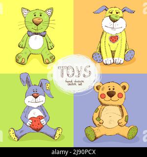vector illustration cute stuffed animals, bear rabbit dog and cat Stock Vector