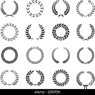 Set of black and white silhouette circular laurel  foliate and wheat wreaths depicting an award  achievement  heraldry  nobility and the classics  vec Stock Vector