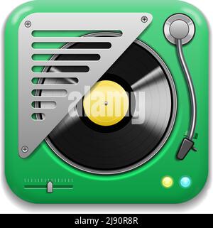 Music app icon, realistic turntable with vinyl plate Stock Vector