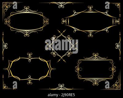 Set of five different white vector decorative ornate frames on a black background with corner  header and footer elements for use on documents and man Stock Vector