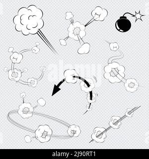Set of black and white vector cartoon comic book explosions with puffs of smoke  smoke rings with motion trails and a bomb with a burning fuse Stock Vector
