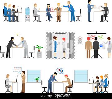 Illustrations of people working in an office with groups in meetings  conference  call centre  lift  presentation  discussion  brainstorming  training Stock Vector
