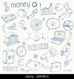 Set of black and white business and money infographic vector doodle sketch icons depicting  investment  savings  success  analytics  targets  planning Stock Vector
