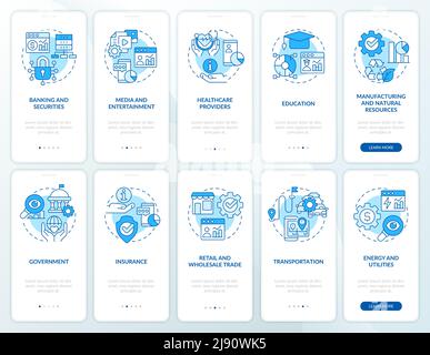 Big data applications blue onboarding mobile app screen set Stock Vector
