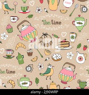 Hand drawn vector afternoon tea seamless background pattern with teapots  birds  cups  cakes  pastries and birds scattered on a beige background in sq Stock Vector