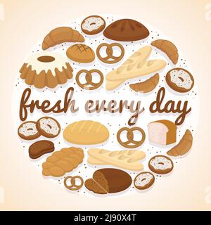 Fresh Every Day bakery label with a circular design of bagels  donuts  loaves of assorted bread  pretzels  cakes  croissant and buns wit central text Stock Vector