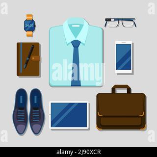 Modern businessman gadgets and accessories outfit. Tablet and business, glasses and stylish pen, vector illustration Stock Vector