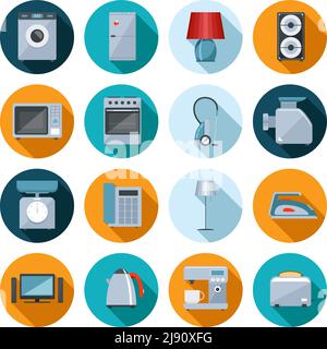 Set of household appliances flat icons on colorful round web buttons with a washing machine  stove  fridge  speaker  iron  microwave  lamp  scale  pho Stock Vector