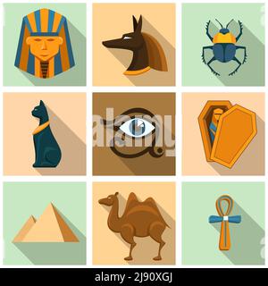 Egypt icon set. Pyramid and travel, coffin and sarcophagus, mummy and secret, archeology and sphinx, camel and beetle, vector illustration Stock Vector