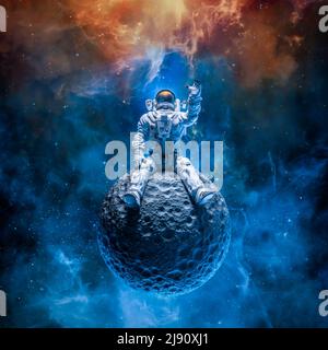 Astronaut sitting on moon - 3D illustration of science fiction space suited lonely figure on small asteroid reaching for the stars in outer space Stock Photo