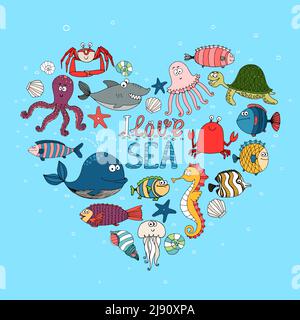 I Love Sea nautical themed design with various fish  a whale  shark  octopus  turtle  seahorse  lobster and crab in a heart shape on a turquoise blue Stock Vector