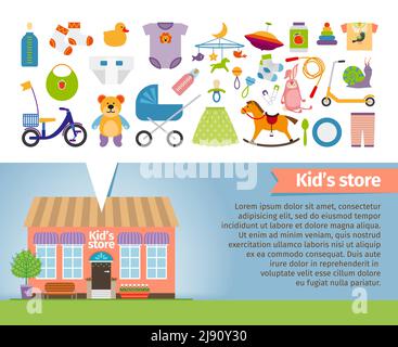 Kids shop. Childrens clothing and toys. Retail and snail, whirligig and socks, rattle and pacifier, stroller and bear. Vector illustration Stock Vector