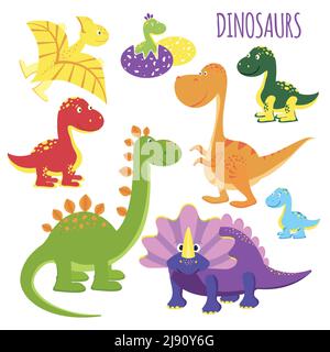 Cute set of vector icons of brightly colored vivid cartoon baby dinosaurs for kids showing a variety of species  clipart on white Stock Vector