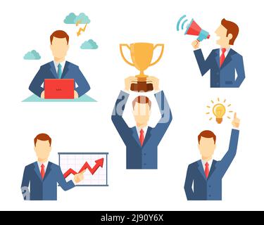 Set of vector businessman icons flat style showing him working at a desk  holding a trophy  doing a presentation  holding a megaphone and a lightbulb Stock Vector