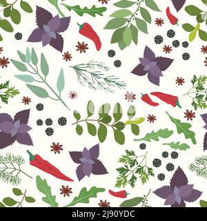 Vector illustration of fresh cooking herbs and spices in a seamless pattern with oregano  parsley  basil  rosemary  rocket  sage  bay   thyme  red hot Stock Vector