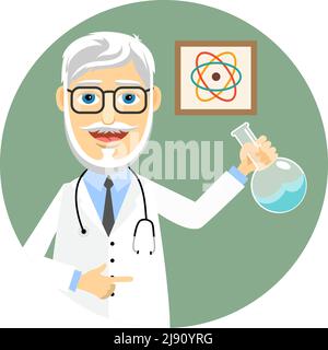Elderly doctor or pharmacist wearing a lab coat and stethoscope and brandishing a flask with a chemical solution doing chemical experiments and biomed Stock Vector