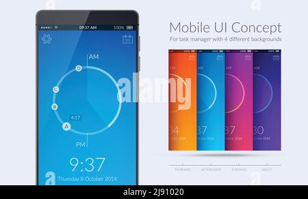 Mobile ui kit concept for task manager with four different colorful backgrounds flat vector illustration Stock Vector