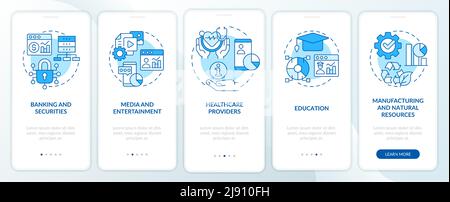 Types of big data applications blue onboarding mobile app screen Stock Vector