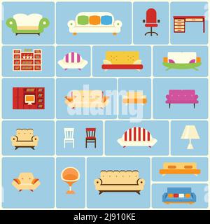 Set of furniture icons depicting a different couch  settee  sofa  armchair  office chair  swivel chair  dining chair  desk  bookcase  display cabinet Stock Vector