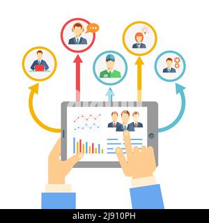 Remote business management concept with a businessman holding a tablet showing analytics and graphs connected to a diverse team of people on a confere Stock Vector
