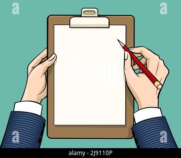 Hands holding clipboard with empty paper sheet, vector illustration in vintage style Stock Vector