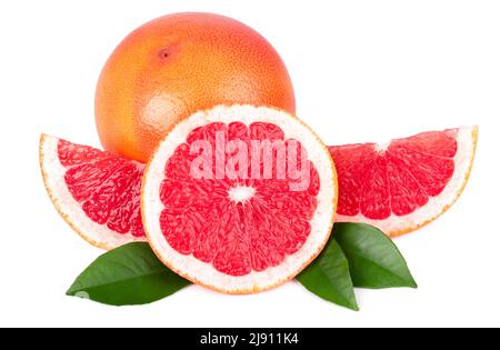 Pink grapefruit and slices isolated on white background. Fresh grapefruit with green leaves Stock Photo