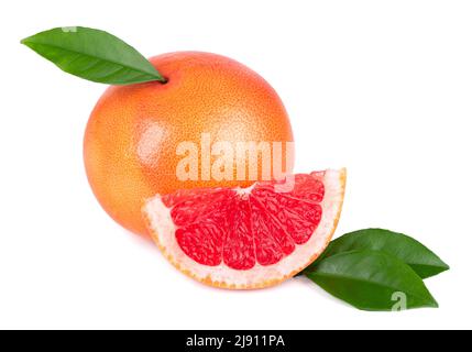 Pink grapefruit and slices isolated on white background. Fresh grapefruit with green leaves Stock Photo