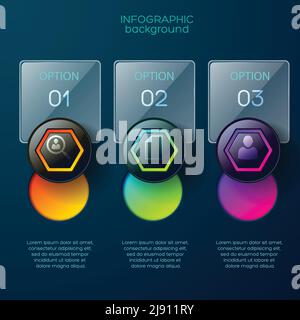 Infographic business concept with three rectangular glossy option fields with place for editable text and colorful pictograms vector illustration Stock Vector
