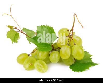 Green grapes isolated on white background. Fresh bunch of organic grapes with leaves Stock Photo