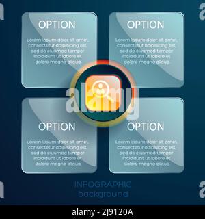 Infographic web template with icon orange glossy element and four glass rectangles with text isolated vector illustration Stock Vector
