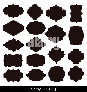 Large set of vector black silhouette frames or cartouches for badges in ornate classical curved and rounded symmetrical designs and shapes Stock Vector