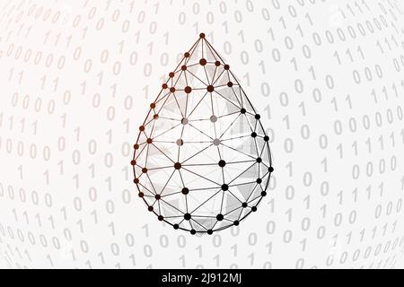 Water drop 3d low poly symbol with binary code background. Droplet design vector illustration. Oil drop polygonal symbol with connected dots. Stock Vector
