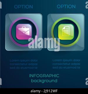Abstract infographic concept with text two glass transparent squares glossy colorful buttons and icons isolated vector illustration Stock Vector